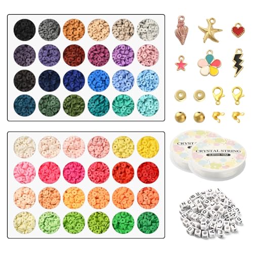 Echoed Elegance Clay Beads 2 Boxes Bracelet Making Kit, 7448 pcs Beads for Jewelry Making, Round Letter Beads with Charm and Elastic Strings, Friendship Bracelets Holiday Gifts for Girls Adults - color: Clay Beads Kit (2 Boxes with Accessories)-about 7448