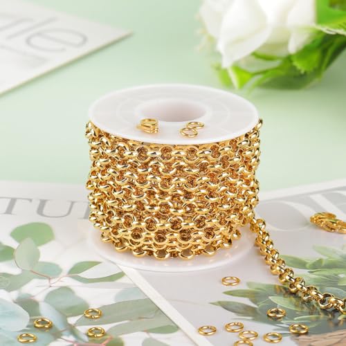 KYUNHOO 13 Feet/4M Gold Plated Chain for Jewelry Making 6mm Round Circle Chain Link on Spool Stainless Steel Chain Roll for Handcraft Making Supply Jewelry Findings - color: Gold Circle