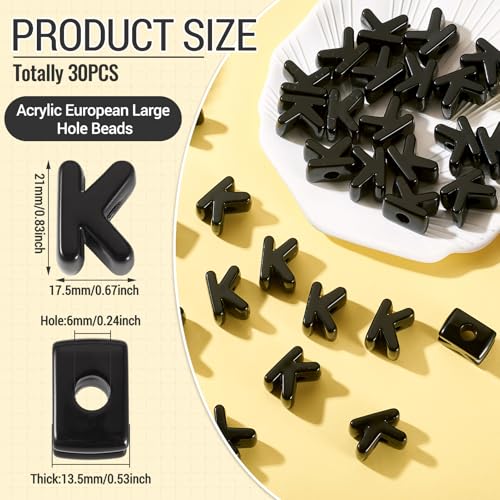 30Pcs Large Hole Letter Beads Black Acrylic European Beads 3D Letters K Chunky Bead Initial Alphabet Bead for Key Chains Bracelets Necklace DIY Craft Bag Charm Kit Arts Projects - color: Black-K