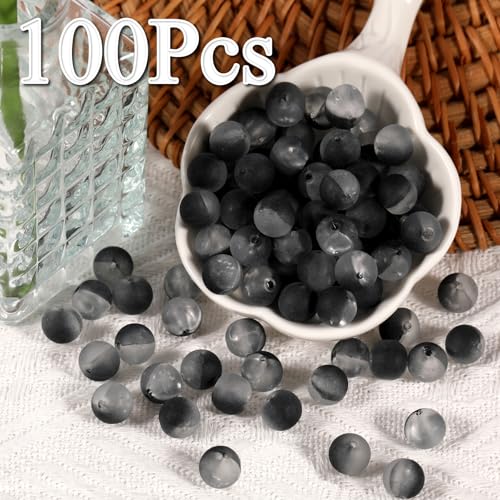 100Pcs Glass Beads 10mm Round Moon Frosted Cracked Water-Activated Transparent Glazed Beads, Ideal for DIY Bracelets Necklaces Phone Charms Craft Supplies (Black) - color: Black