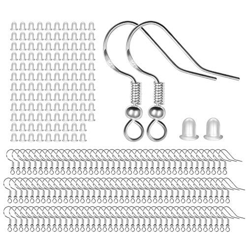 925 Sterling Silver Earring Hooks 120 PCS/60 Pairs, Ear Wires Fish Hooks, Hypo-allergenic Jewelry Findings Parts with 120 PCS Clear Silicone Earring Backs - size: 120pcs-Silver