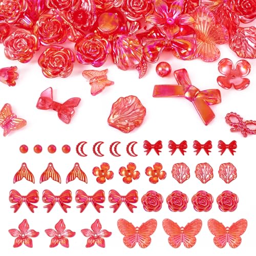Cheriswelry DIY Friendship Bracelet Jewelry Making Kit Assorted Beads Pendants Accessory Flower Butterfly Star Moon Bowknot Loose Spacer Beads Resin Beads 4-23.5mm for DIY Necklace Keychain Making - color: Red