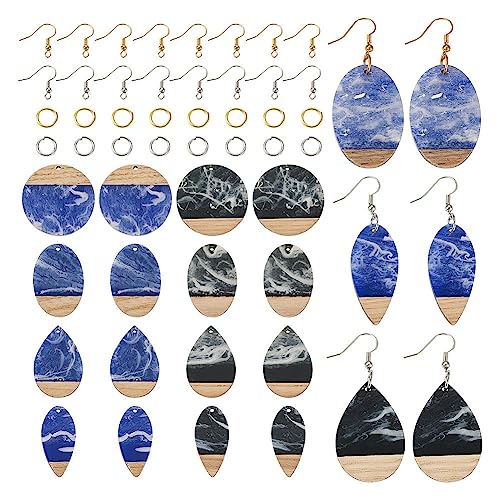 FASHEWELRY 16Pcs Teardrop Round Resin Wood Earring Charms Black Blue Wooden Blanks Geometry Findings for Jewelry Making, DIY-TA0004-37-Biyun - color: Black & Blue-Teardrop & Round