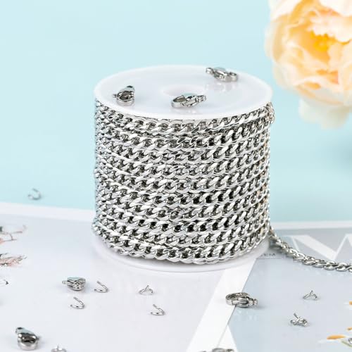 UMAOKANG 5 Meters Cuban Chain for Necklace DIY Jewelry Making Chains Bulk Stainless Steel Chain for Jewelry Making with Jump Rings and Lobster Clasps - color: 1.2mm Silver Cuban