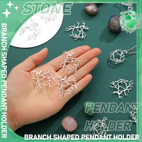 Hicarer 20 Pcs Pendant Trays for Jewelry Making Branch Shape Metal Claw Cage Pendant Holder Crystal Cage Necklace Open Bezels for DIY Necklace Jewelry Making Supplies - color: Silver