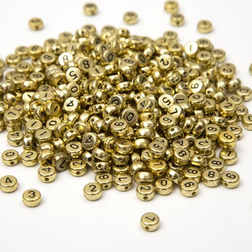 1000pcs Acrylic Number Beads 0-9 Round Number Beads 4x7mm Mixed Number Beads for Jewelry Making and DIY Bracelets, Necklaces, Key Chains (Gold) - color: Gold