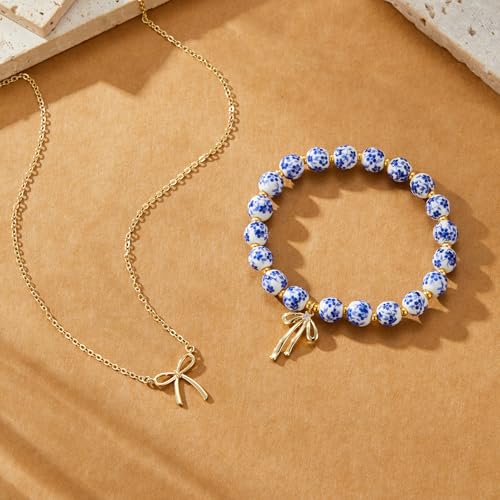 Bow Bracelet Necklace Set 14K Gold Beaded Bracelet Dainty Bow Pendant Choker Jewelry Gift Set - color: Blue