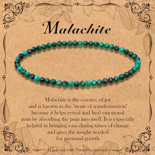 BONNY BOXX Natural Genuine Gemstone Faceted Round Beads Bracelets, 3mm Adjustable Stretchy Tiny Faceted Black Tourmaline Bracelet, Healing Crystal Reiki Chakra Dainty Jewelry Fashion Gifts - color: Malachite