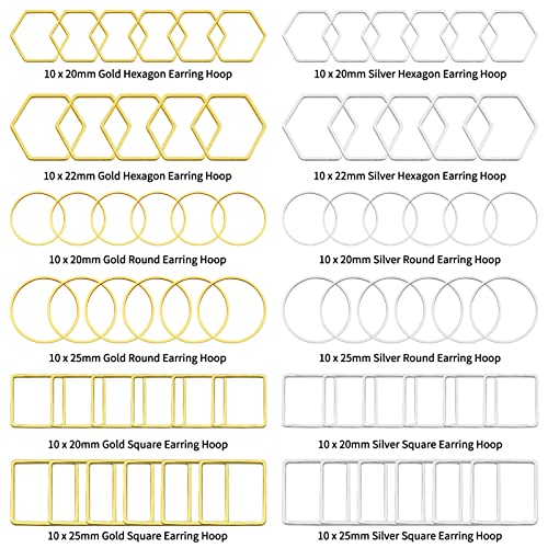 Oubaka 120pcs Beading Hoop Earrings,3 Shapes Earrings Findings Hoops Open Bezel Pendant Frame Hypoallergenic Square Hexagon Round Earring Findings for DIY Craft,Earring Necklace(Gold&Silver) - color: 120PCS;Square,Hexagon,Round;Gold,Silver