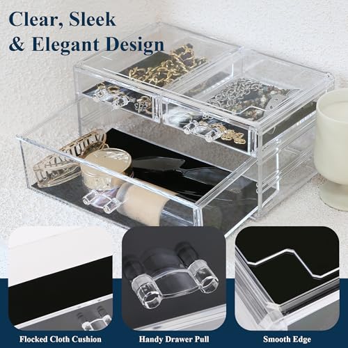 Sea Team Clear Makeup Organizer with Drawers, Acrylic Plastic Cosmetic Display Case, Jewelry Storage Box, Holder for Dresser, Bathroom, Vanity, Countertop (1 Large, 2 Small Drawers) - size: 1 Large, 2 Small Drawers