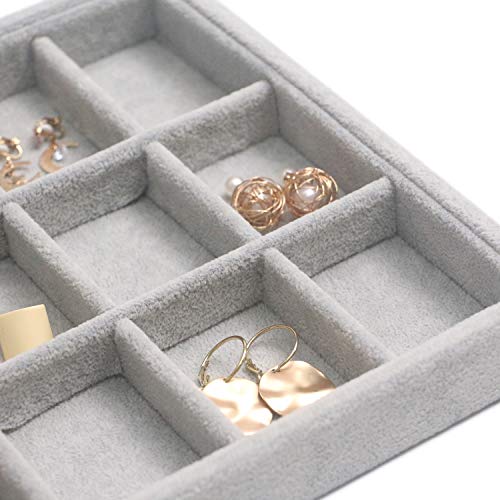 DIOMMELL Set of 4 Stackable Velvet Jewelry Trays Organizer, Jewelry Display Storage Box Showcase Holder Dresser Drawer Organizer for Earring Necklace Bracelet Ring Accessary, Grey
