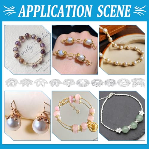 PH PandaHall 100pcs 10 Styles Brass Flower Bead Caps 6/7/8mm Silver Spacer Beads Bead End Caps Flat Spacers Flower Bracelet Beads for Friendship Bracelet Earring Jewellery Making DIY Crafts - color: Silver