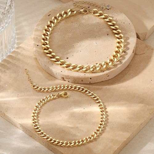 Tewiky Waterproof Ankle Bracelets for Women,Chunky Layered Gold Anklet for Women Non Tarnish Adjustable Cuban Set Stackable Summer Beach Jewelry Gift - color: gold