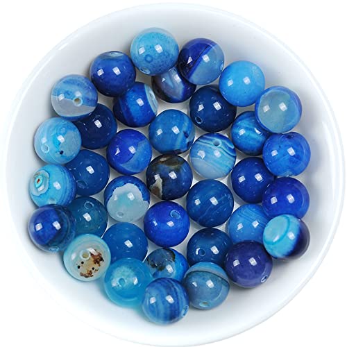 37Pcs Natural Crystal Beads Stone 10mm Blue Stripe Onyx Agates Gemstone Round Loose Energy Healing Beads for Bracelet Necklace Earrings Jewelry Making - color: Blue, size: 10MM