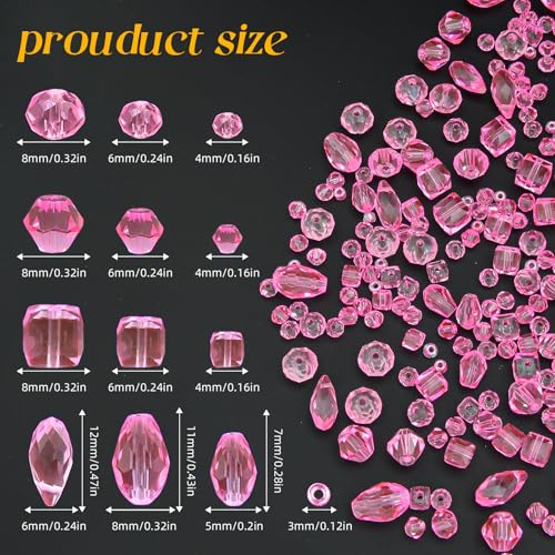 1500 Pcs Crystal Glass Beads for Jewelry Making – 12 Styles Bicone, Rondelle, Cube, Teardrop & 3mm Spacer Beads, DIY Bracelet Necklace Earring Craft Kit with Organizer Box(Light Rose Red) - color: Light Rose Red