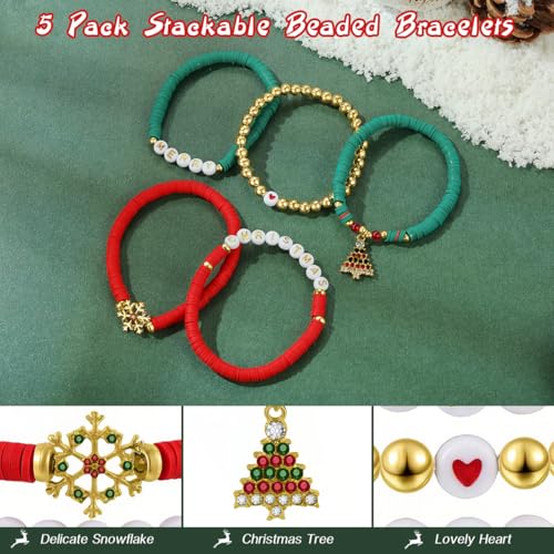 Emibele Colorful Stretch Bracelet Stack Boho Beaded Bracelet Set Heishi Surfer Bracelet Stackable Y2K Trendy Jewelry Friendship Multiple Set Women Fans - style: Red & Green 5PCS