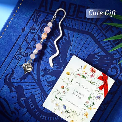 Vintage Metal Heart Pendant Bookmark with Natural Crystal Bead Chain–Elegant Bookmarks for Women,Men,Book Lovers,Teachers and Students(Rose Quartz) - style: Heart