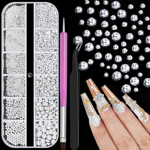 Silver Caviar Nail Beads and Nail Pearls, Mixed Size Half Round Flatback Pearl Silver Balls Nail Charms for Nails with Pickup Tools for Nails Face Eyes Makeup(33-K1-6) - color: 33-K1-6