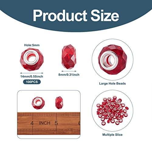 100pcs Red Glass Beads 14mm European Large Hole Beads Faceted Glass Crystal Valentine Christmas Bead for Bracelet Jewelry Making - color: Red