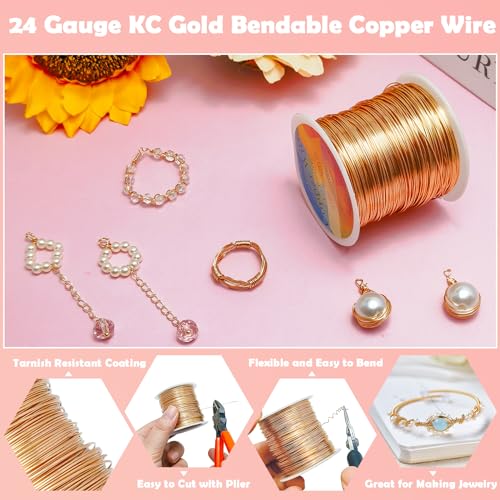 203 Feet Tarnish Resistant Copper Wires 24 Gauge Jewelry Craft Wires Beading Wire for Jewelry Making, Wire Wrapping and Crafting(KC Gold) - color: KC Gold, size: 24 Gauge