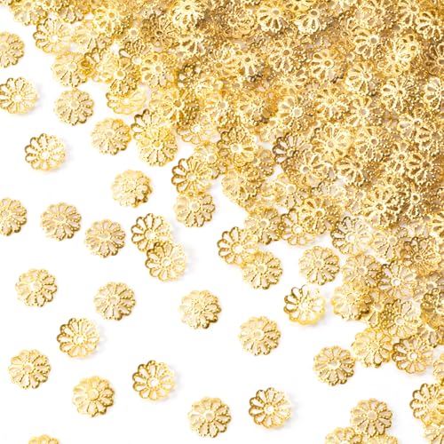 ANCIRS 600pcs 9mm Spacer Beads Caps for Jewelry Making, Metal Hollow Flower Bead Caps for Bracelet Necklace- Gold - color: Gold-600pcs-9mm