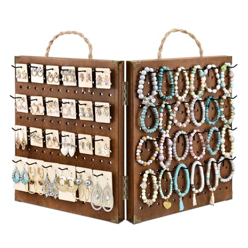 MOOCA Wooden Foldable and Portable 2 Panel Pegboard Jewelry Display Organizer with 48 Removable Black Metal Hooks & Convenient Rope Handle for Easy Carrying, Dual-Sided Panels for Hanging, Brown Color - color: Brown