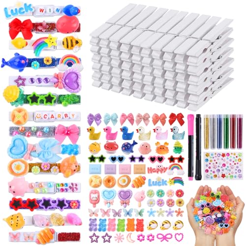 JOICEE 80 Set Cheer Pins Spirit Clips,Clothes pins Include 126 Mini Resin Animals Bows and Self Adhesive Stickers Pen 300 Beads Pearls for Backpacks Ribbon Team Classroom Cheer Gifts Bulk(White Wood) - color: White