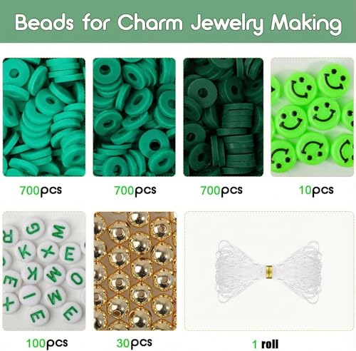 Clay Beads Bracelet Making Kit for Beginner, 2100 Pcs Preppy Polymer Heishi Beads with Charms Kit for Jewelry Making Necklace Earring DIY Crafts - color: Grenn Preppy