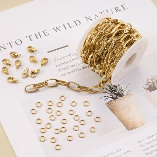 SMYHTGLIF 9.8 Feet Unwelded Embossed Oval Paperclip Chain Bulk Roll Gold Stainless Steel Chain for Jewelry Making DIY Craft Jewelry with Lobster Clasps and Jump Rings - color: Embossed Paperclip Gold