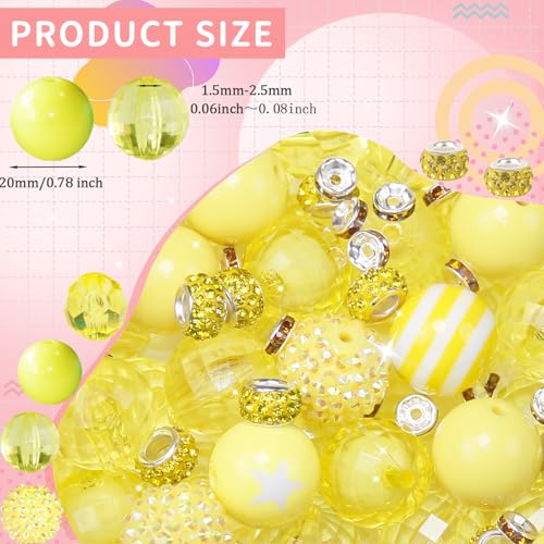 106Pcs 20mm Beads for Pens Making with Rondelle Spacer Beads Yellow Acrylic Focal Bubblegum Bead Crystal Round Sparkly Chunky Bead for Pens Beadable Keychain Necklace DIY Craft Jewelry Making Supplies - color: Yellow