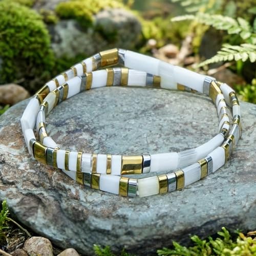 Tila Flat Beaded Bracelet for Women,Bohemian Colorful Stretch Square Glass Bead Elastic Layred Bracelet Stack, Handmade Boho Trendy Holiday Jewelry Accessories Friendship Gift - color: White Gold