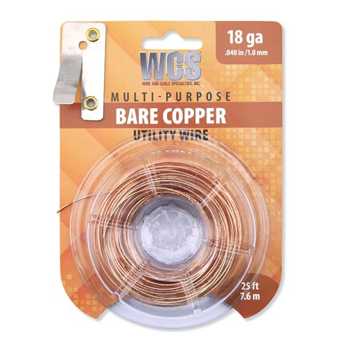 WCS Bare Copper Utility Wire 18 Gauge | Flexible Wire for Crafts and Home Improvement | Unfinished Copper Material | 25 ft Dispenser - size: 18 Gauge / 0.040 in / 25 Ft