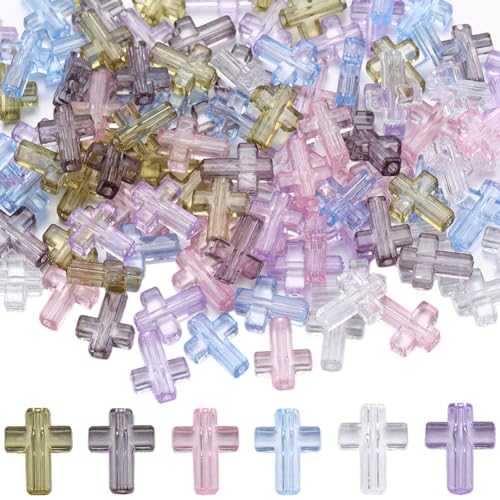 SUNNYCLUE 120Pcs Cross Beads Bulk Acrylic Assorted Candy Color Clear Holy Transparent Crucifix Pony Rosary Spacers for DIY Earrings Necklaces Bracelet Jewelry Making Accessories - style: Cross 1