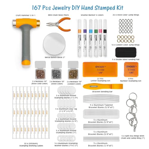 OWDEN 167 Pcs D.I.Y. Hand Stamped kit, Metal Stamping kit and DIY Personalized Stamp Jewelry Gift, Tag and Bracelet Blanks,Great Teenage Birthday Gift, Unique Handmade Jewelry