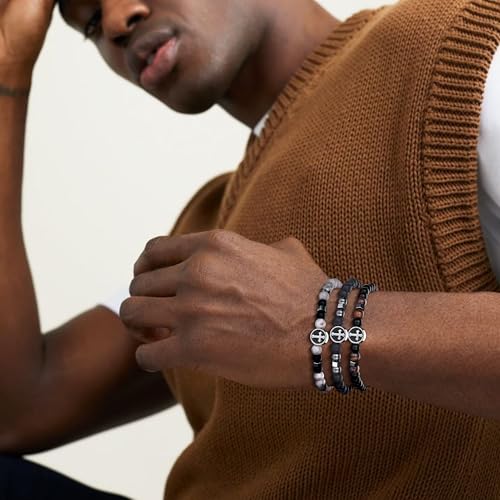 RANKEEF Tiger Eye Bracelet For Men 8MM Natural Stone Stretch Adjustable Black Crystal Beaded Bracelet for Men Women Gifts - color: 3,gray,black
