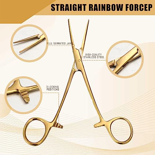 BBTO Hemostat Curved and Straight Hemostat Forceps Piercing Pliers Forceps, Stainless Steel Straight and Curved Pliers, Fishing Tweezer(Gold,2 Pcs) - color: Gold
