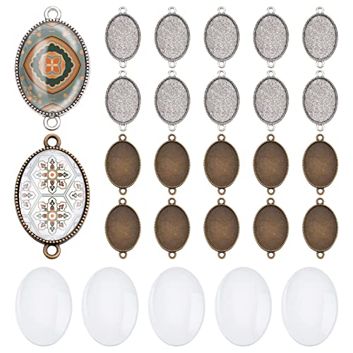 PH PandaHall 24pcs Double Holes Photo Charms Connector Pendant Tray Blanks Bezel Cabochon Settings with 24pcs Glass Cabochon Tiles Memorial Photo Pendant for Bouquet Wedding Graduation Photo Charm - color: 2 Color Oval - 24 Sets (Tray: 25x18mm)