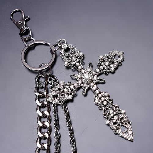 Layered Punk Pants Chain for Men Women, Gothic Hip Hop Jean Chain Wallet Chain Biker Trouser Chain, Goth Emo Fashion Keychain Accessories - color: 3L-Bling Cross Chain