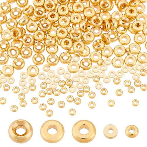 PH PandaHall 200pcs 18K Gold Spacer Beads 5 Styles Metal Heishi Beads Flat Round Spacer Beads Disc Beads Long-Lasting Loose Beads for Surfer Stackable Necklace Layered Bracelet Jewelry Making 3/5mm