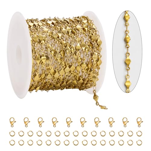 KYUNHOO 13 Feet Rhombus Link Necklace Chains Bulk on Spool Solid Stainless Steel Gold Chain for Jewelry Making with Jump Rings and Lobster Clasps - color: Rhombic Gold