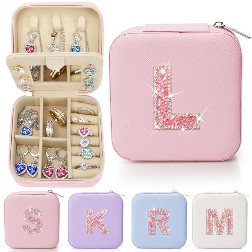 Sparkling Initial Jewelry Box Organizer,Personalized Travel Jewelry Box for Girls & Women,Glitter Rhinestone Jewelry Case Gifts for Mother's Day,Birthday,Christmas,Small Size (Pink, L) - color: Pink, size: L