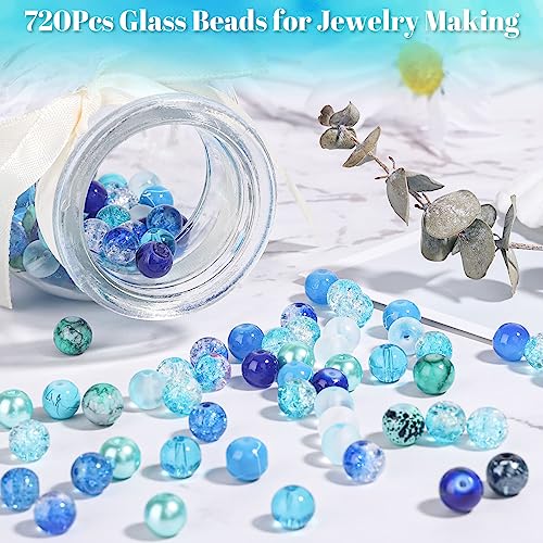PAXCOO 720pcs Glass Beads for Jewelry Making 8mm, 24 Colors Bead Bracelet Making Kit Blue Round Loose Beads for Bracelet Earring Necklace Jewelry Making Supplies - color: Blue