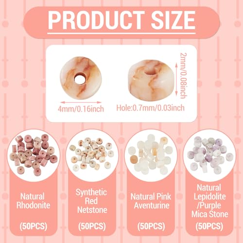 Beadthoven 200Pcs 4mm Flat Disc Gemstone Beads 4 Styles Rhodonite Red Netstone Natural Lepidolite Pink Aventurine Beads Natural Stone Heishi Crystal Spacers for DIY Jewelry Making Bracelets Necklace - color: Flat Disc-Pink, size: 4mm