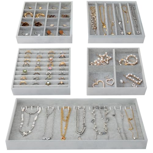Fixwal Jewelry Organizers and Storage, 14in Stackable Jewelry Drawer Organizer, Set of 5 Jewelry Trays with Removable Dividers, Multi-Layer Tray for Earrings Necklaces Bracelets Watches, Grey