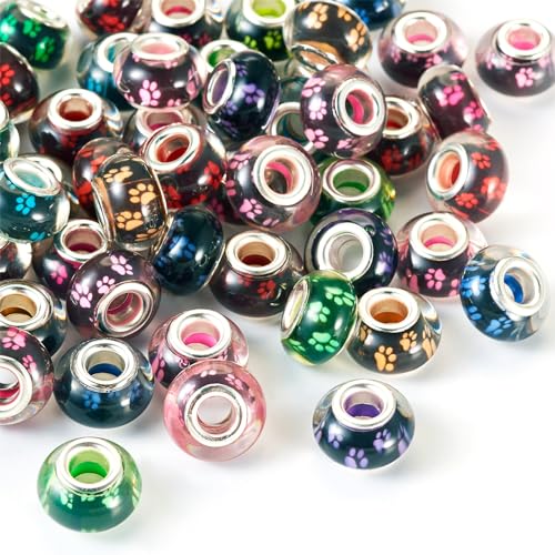 Cheriswelry 50Pcs Large Hole European Rondelle Beads Dog Paw Prints Resin Beads Spacer Slide Charms Bead 14x9mm for DIY Bracelet Necklace Earring Jewelry Making - color: Rondelle-Paw Print