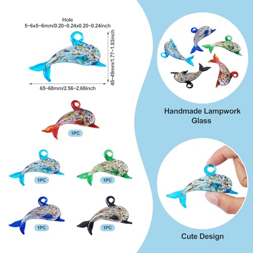 FASHEWELRY 5Pcs Large Lampwork Dolphin Charms Transparent Cute Glass Ocean Animals Penadants Cartoon Sea Fish Charms for DIY Bracelet Jewelry Making - color: Transparent Dolphin-Sequins