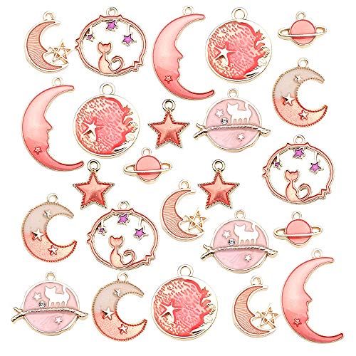 24 Pcs Assorted Gold Plated Enamel Cat Moon Star Celestial Charm Pendant DIY for Earrings Necklace Bracelet Jewelry Making and Crafting (M609-Pink) - color: Pink