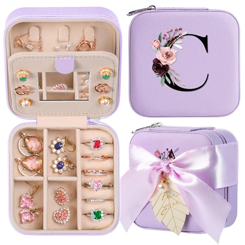 AYGXU Travel Jewelry Box for Women and Girls - Small Case With Initial A-Z - Teacher Gifts - color: purple, size: C