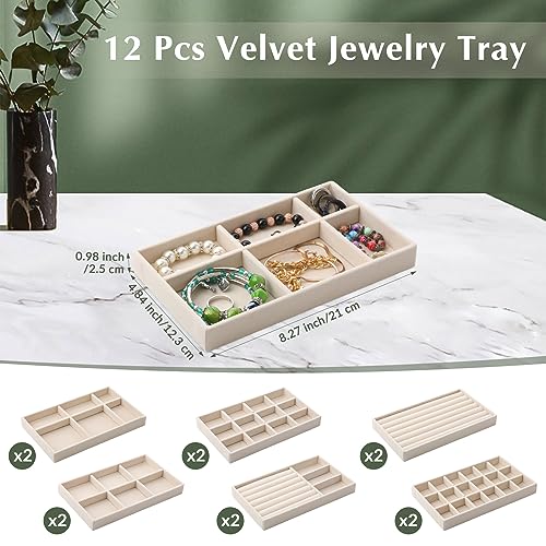 Inbagi 12 Pcs Small Velvet Jewelry Tray Stackable Jewelry Organizer Drawers Insert Divided Storage Display Trays for Earring Ring Brooch Watch Necklace Bracelet 8.3 x 5 x 1 Inches