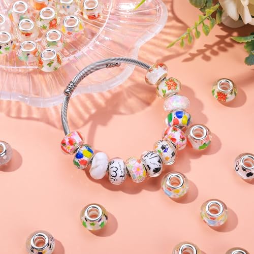100 Pieces Assorted European Large Hole Fairy Wand Garden Beads, Mixed Color Lampwork Spacer Craft Beads for DIY Jewelry Making Supplies(White) - color: White